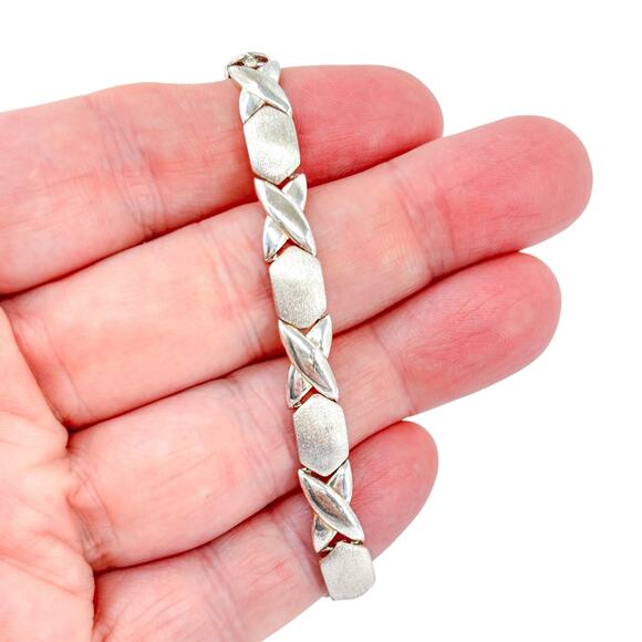 XO Link Bracelet | Brushed & Polished Design | Vintage Sterling Silver 925 | 7" - Picture 1 of 7